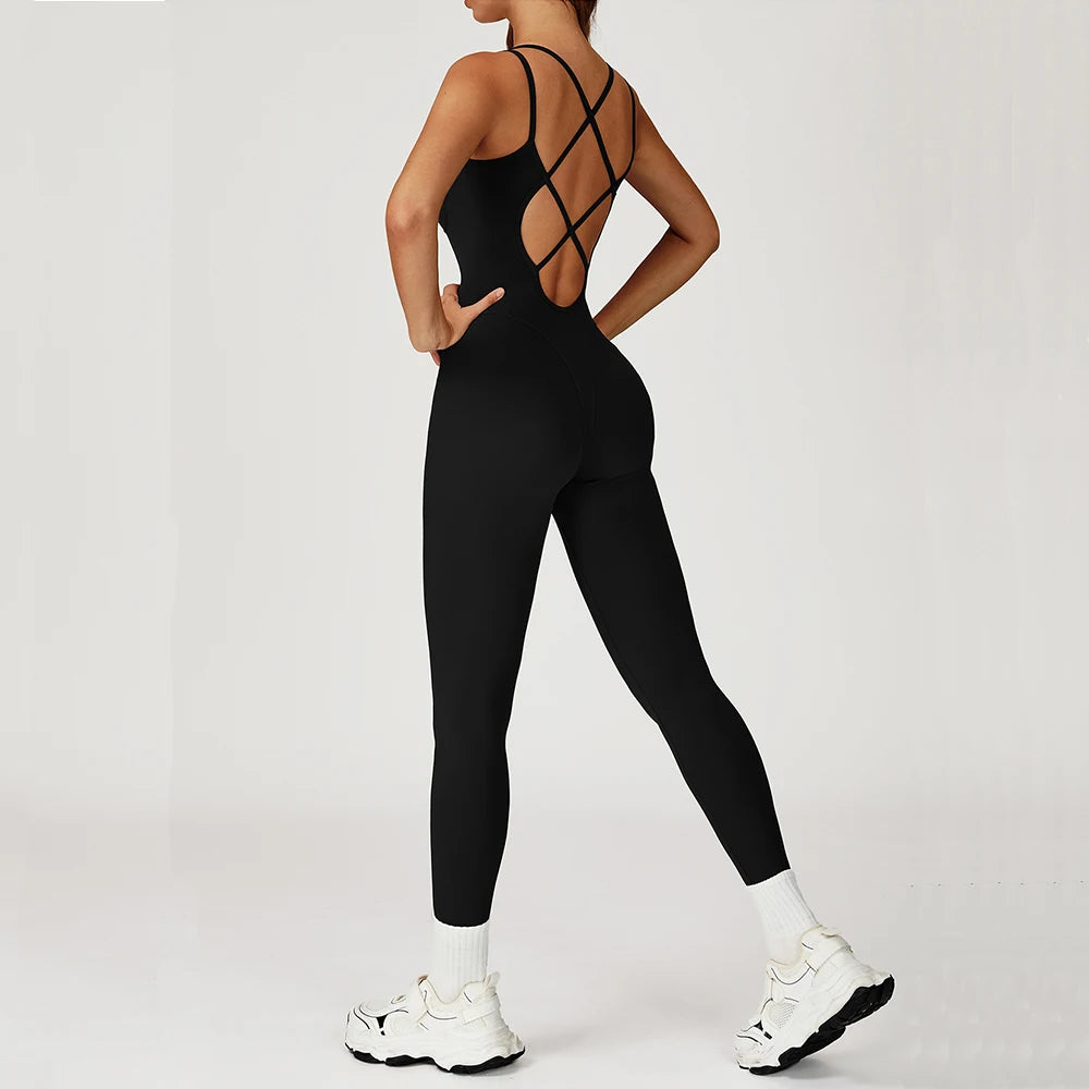 Fitness Jumpsuit Gym Workout Playsuit Sexy Cross Back Strap Sports Bodysuits Backless Romper Women Running One Piece Yoga Suit