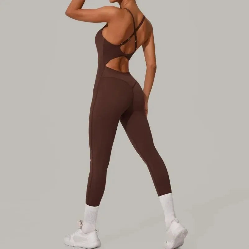 Women's Seamless Yoga Jumpsuit Heart-Shape Collar Adjustable Buckle Cross Waist High Waisted Butt Lifting Tight Workout Bodysuit
