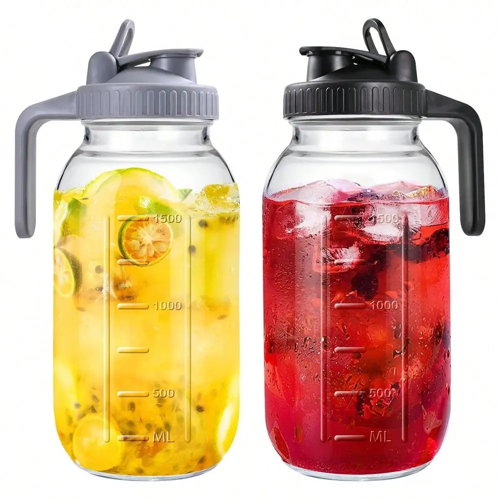 Thickened Glass Cold Water Pitcher Black Grey, 64oz Mason Cold Brew Bottle 2Pack, With Capacity Scale, Summer Beverage Dispense