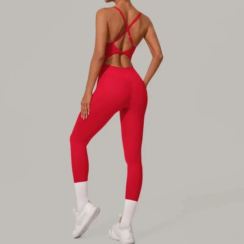 Women's Seamless Yoga Jumpsuit Heart-Shape Collar Adjustable Buckle Cross Waist High Waisted Butt Lifting Tight Workout Bodysuit