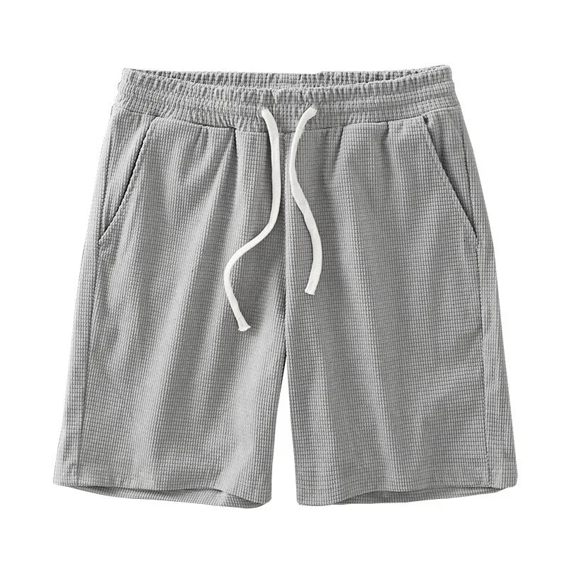 Men Shorts Solid Color Mid Waist Summer Motion Waffle Texture Deep Crotch Drawstring Male Shorts Loose Knee Length Casual Short