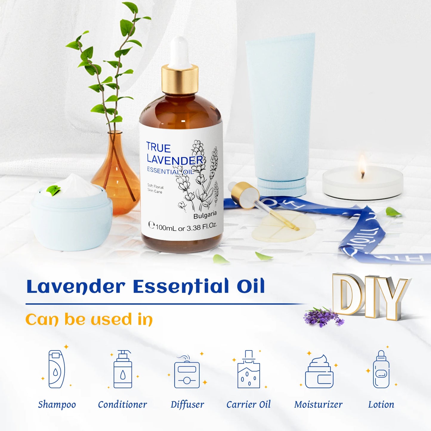 HIQILI 100ML/3.38 Oz. Lavender Essential Oil, 100% Pure Natural Aromatherapy Oil for Sleep Help Diffuser Humidifier Skin Care