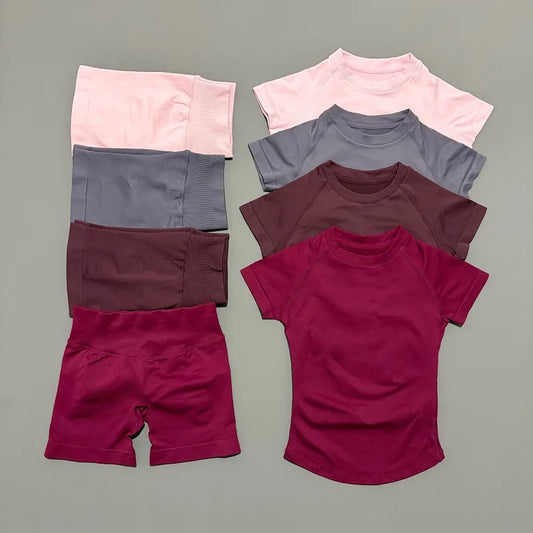2 Pieces HISTELLO Sports Sets Short Sleeve Seamless Yoga Top Fitness Set Women Workout Running Sports Shorts Gym Suit