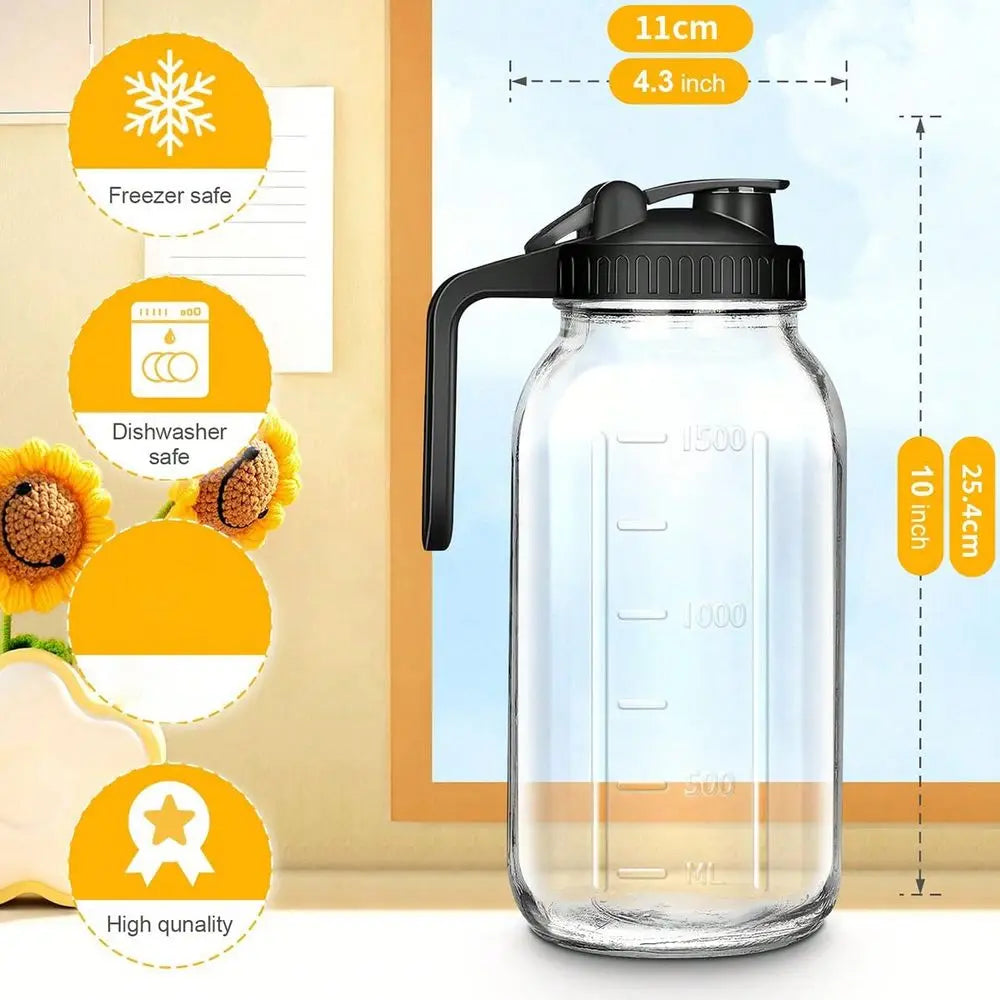 Thickened Glass Cold Water Pitcher Black Grey, 64oz Mason Cold Brew Bottle 2Pack, With Capacity Scale, Summer Beverage Dispense