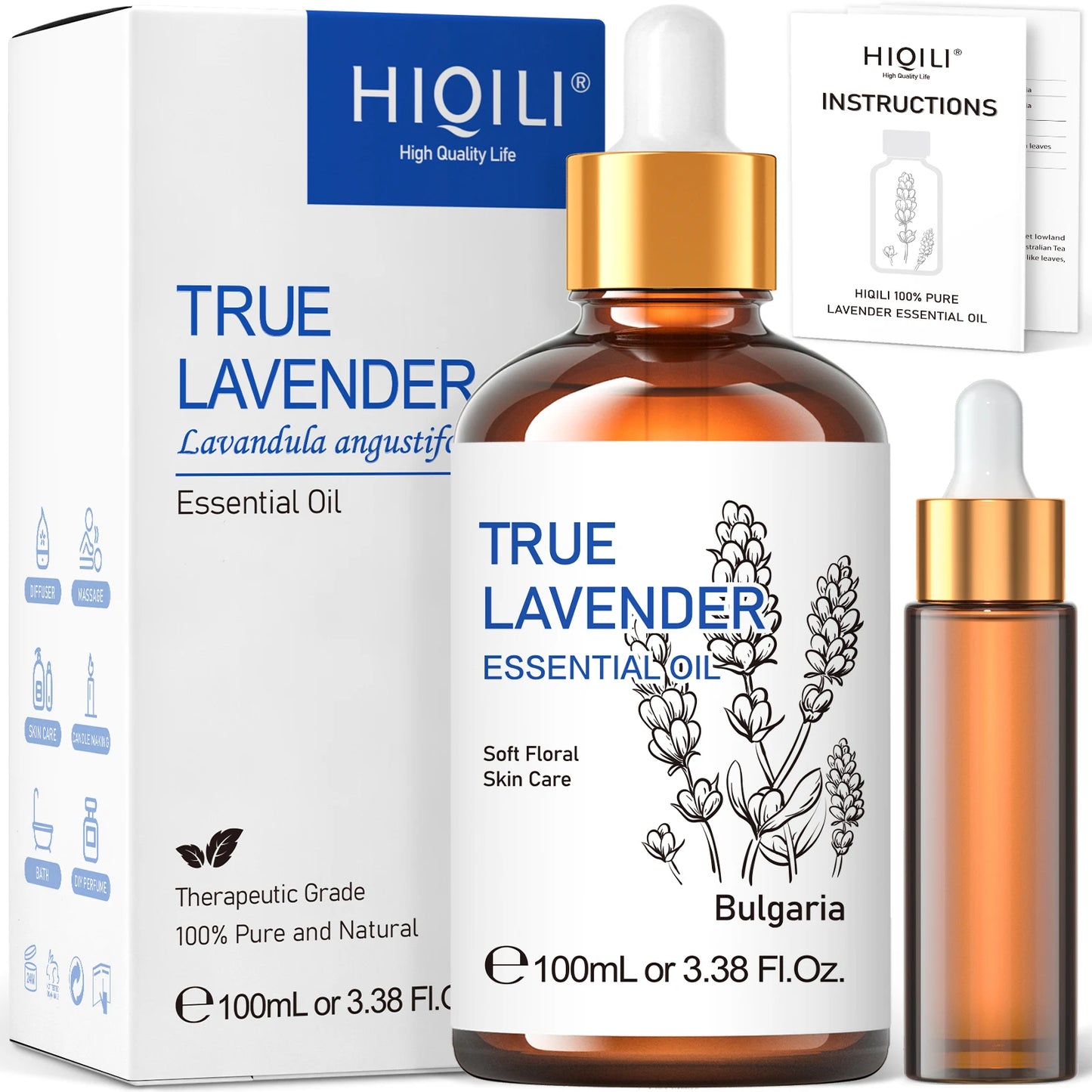 HIQILI 100ML/3.38 Oz. Lavender Essential Oil, 100% Pure Natural Aromatherapy Oil for Sleep Help Diffuser Humidifier Skin Care