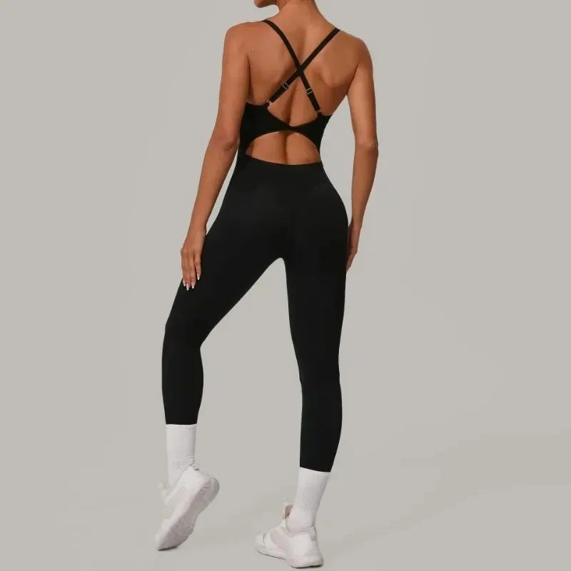 Women's Seamless Yoga Jumpsuit Heart-Shape Collar Adjustable Buckle Cross Waist High Waisted Butt Lifting Tight Workout Bodysuit