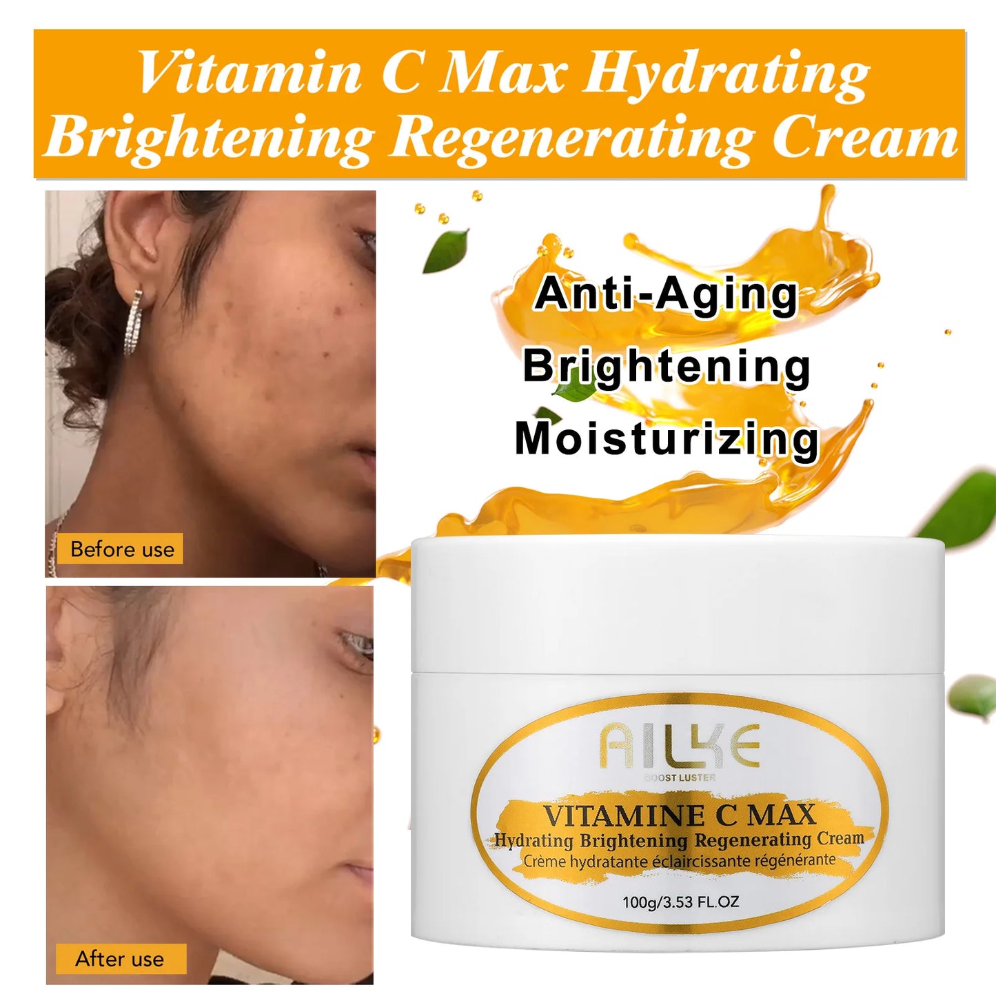 AILKE Lightening Body Cream, With Vitamin C, Hyaluronic Acid, Shea Butter, Reduce Black Spots, Even Skin Tone, Hydration Lotion