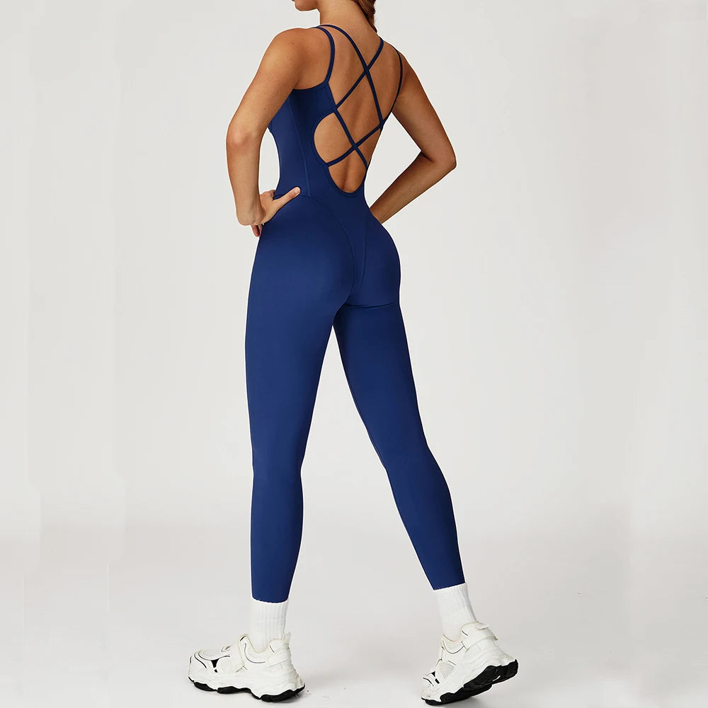 Fitness Jumpsuit Gym Workout Playsuit Sexy Cross Back Strap Sports Bodysuits Backless Romper Women Running One Piece Yoga Suit