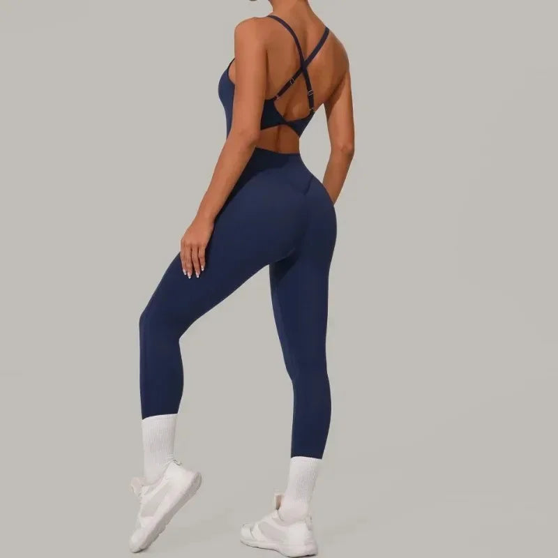 Women's Seamless Yoga Jumpsuit Heart-Shape Collar Adjustable Buckle Cross Waist High Waisted Butt Lifting Tight Workout Bodysuit